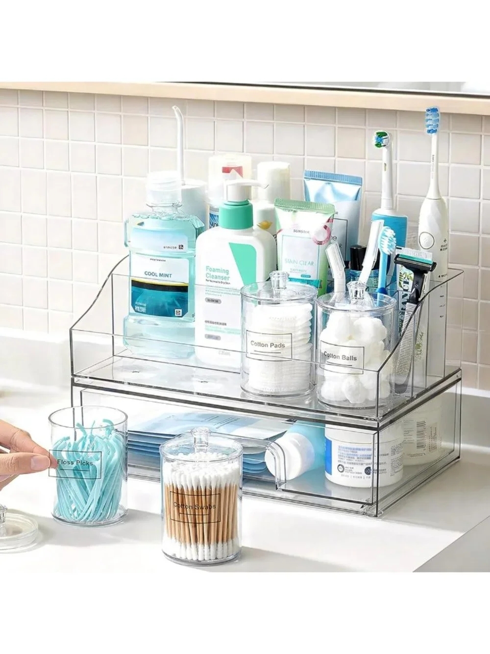 6 PCS Clear Bathroom Organizer Set - Divided Tray, Qtip Holders & Drawer for